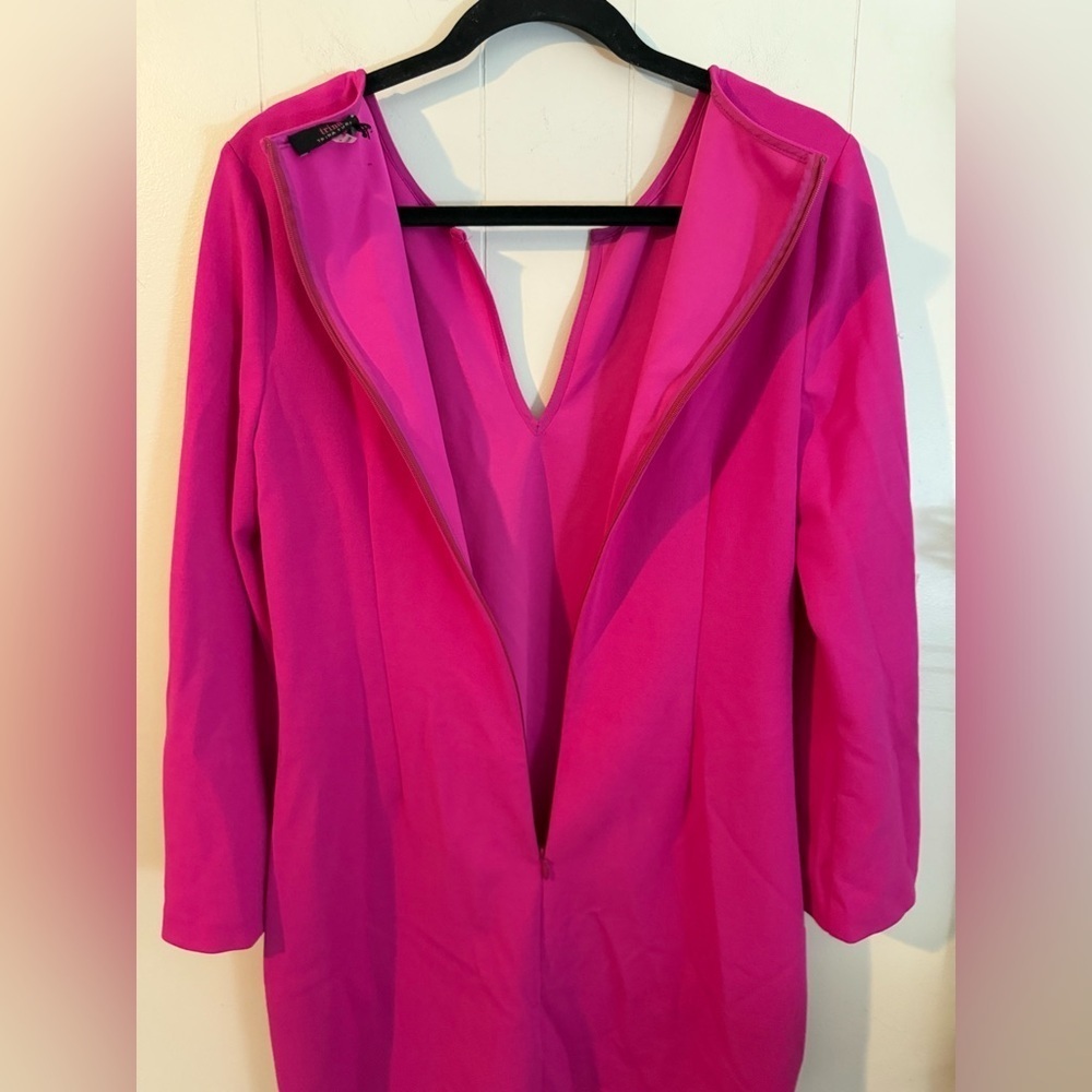 Trina Turk Hot Barbie Pink Long Statement Sleeve Split Neck Shift Dress 8 - Picture 8 of 11